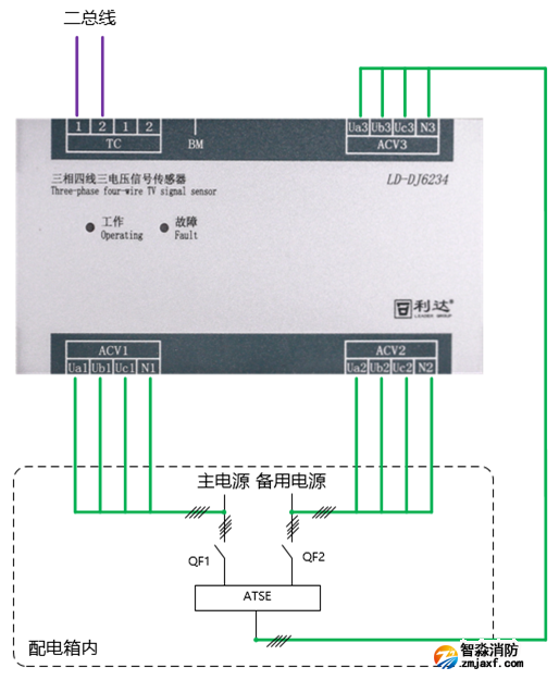 LD-DJ6234三相四線三電壓信號傳感器接線圖